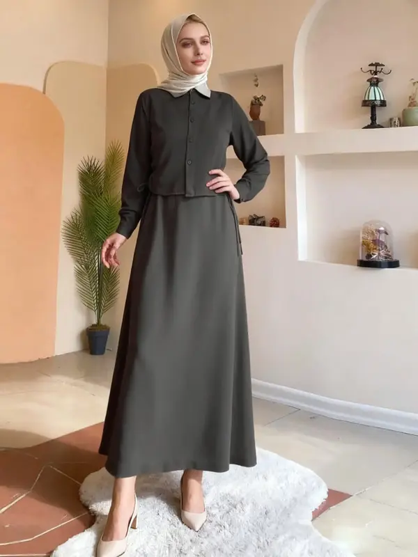 Women's Casual Plain Long Sleeve Shirt Dress Set, Loose-Fit Two-Piece for All Seasons, Fashionable Ladies Clothing Collection