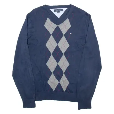 TOMMY HILFIGER Mens Patterned Jumper Blue Argyle V-Neck Tight Knit M