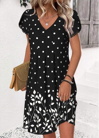 Modlily Black Polka Dot Short V Neck Dress - XL