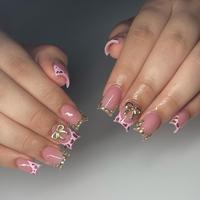 Bow & Rhinestone Decor Glossy Fake Nail with Nail File & Jelly Sticker, 24pcs Short Square Press on Nails for Women & Girls D...