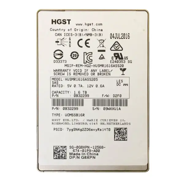 0G8XPN Dell 1.6TB SAS 12Gb/s 2.5-Inch Solid State Drive