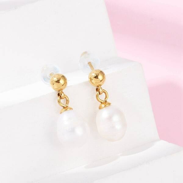 304 Stainless Steel Natural Freshwater Pearl Dangle Stud Earrings