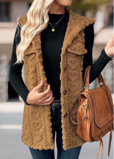 Modlily Dark Camel Button Sleeveless Hooded Waistcoat - S