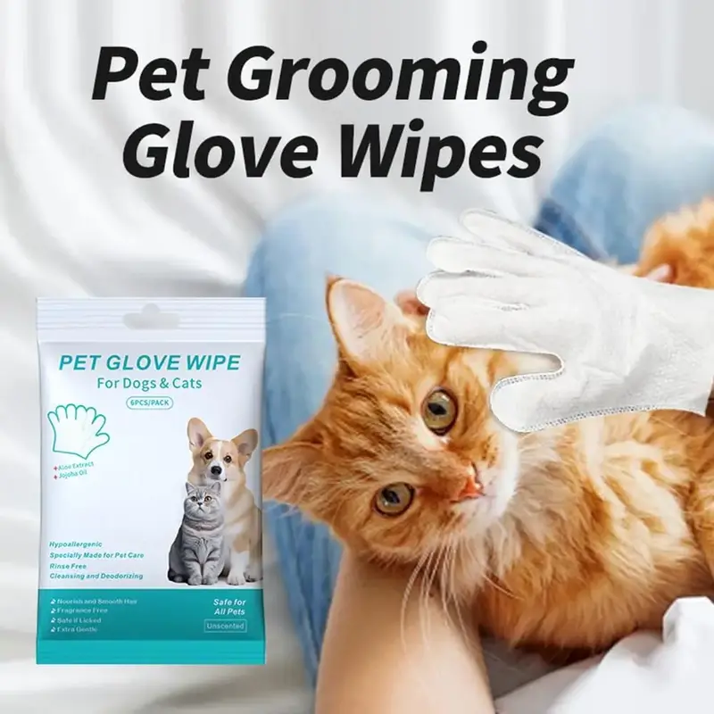 PetGloveWipe Thick Unscented Pet Glove Wipes for Dogs & Cats Hypoallergenic No-Rinse Grooming Wipes 6pcs for Kitty Kitten Paw...