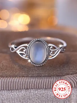 S925 Sterling Silver Moonstone Decorated Ring, Elegant Engagement Ring for Women & Girls, Trendy All-match & Exquisite Jewelr...