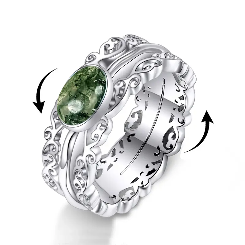 Sterling Silver Round Shaped Moss Agate Spinner Ring