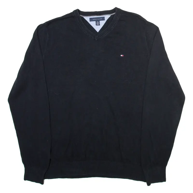 TOMMY HILFIGER Mens Jumper Black V-Neck Tight Knit XL