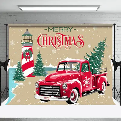 Winter Snowy Trees Red Car Merry Christmas Backdrop