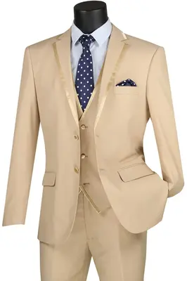 Vinci Men's Wool Feel Slim Fit 3 Piece Suit with Lapel Accent