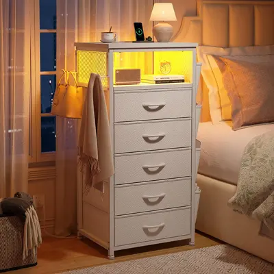 Raybee Furniture Night Stand Set 2 with Charging Station, Tall Nightstand with 5 Dresser Drawers, LED Nightstands with USB Po...