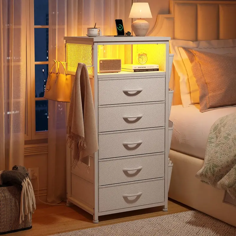 Raybee Furniture Night Stand Set 2 with Charging Station, Tall Nightstand with 5 Dresser Drawers, LED Nightstands with USB Po...