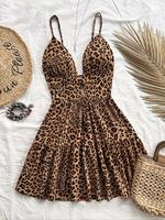 Women's Leopard Print Cut Out Backless Ruffle Hem Cami Dress, Casual Adjustable Spaghetti Strap Sleeveless Dress for Summer, ...
