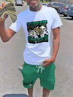 Two-Piece Set Men's Money Print Short Sleeve T-shirt & Letter Print Shorts, Regular Fit Casual Round Neck Tee & Track Shorts,...