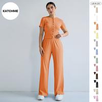 KatchMe Women's Leisure Solid Crew Neck Button Short Sleeve Slim Top & Wide Leg Trousers Co-ord, Basic Two Piece Outfits, Com...