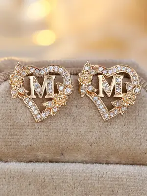 Fashion Hollow Out Heart Shaped Design Stud Earrings, Artificial Zircon Decor Letter Design Earrings for Women, Elegant All-m...