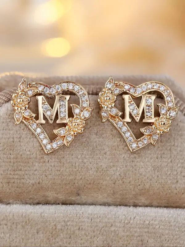 Fashion Hollow Out Heart Shaped Design Stud Earrings, Artificial Zircon Decor Letter Design Earrings for Women, Elegant All-m...