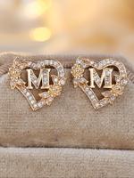 Fashion Hollow Out Heart Shaped Design Stud Earrings, Artificial Zircon Decor Letter Design Earrings for Women, Elegant All-m...