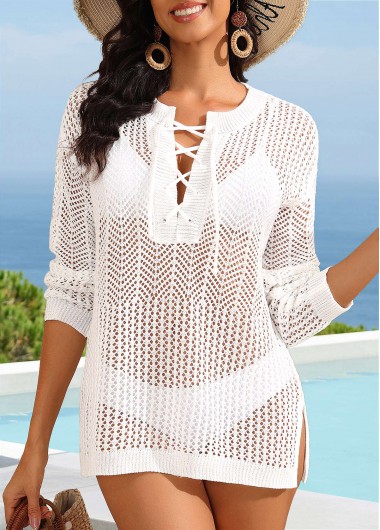 Modlily White Lace Up Split Cover Up - L
