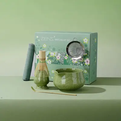 ZENS Ocean Breeze Matcha Set of 5 – Coastal-Inspired Matcha Kit with Textured Ceramic Bowl, Bamboo Whisk & Tools – Stylis...