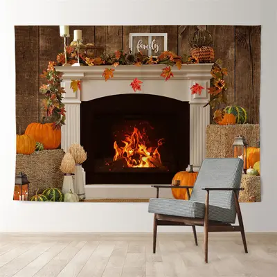 Aperturee Warm Fireplace Pumpkin Family Christmas Backdrop