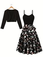 Women's Floral Print Bow Decor Belted Cami Dress & Open Front Long Sleeve Crop Outwear Two-piece Set, Casual Fashion Cozy Two...