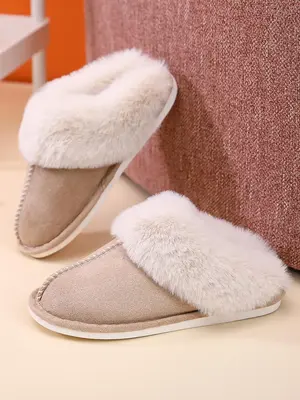 2024 New Trendy Solid Color Plush Slippers for Women, Casual Matching Comfort Warm Home Slippers, Simple Creative Patched Des...