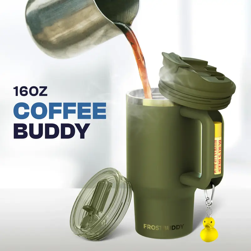 Coffee Buddy - 16oz Stainless Steel - Vacuum Sealed Tumbler with Handle & 2-in-1 Spill Proof Lid Portable Drinkware for Hot &...