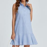 Lifeshe Women Sleeveless Mini Dress Button Down Shirt Dress V Neck Reffle Hem Cotton Linen Tunic Short Dress