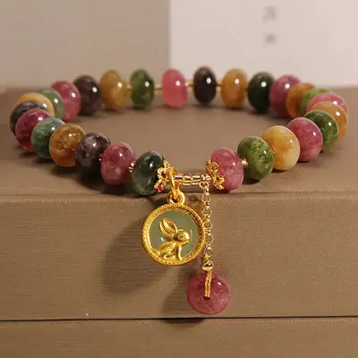 Colorful Tourmaline Crystal Bracelet With Rabbit Pendant-Abacus Beads-Bring Good Luck,Spirituality Gemstone Bracelet
