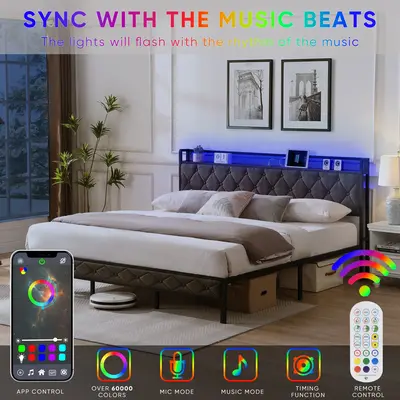 PINGO HOME Upholstered King Bed Frame with LED Lights, Storage Headboard, and Charging Station – Heavy Metal Slats, No Box ...