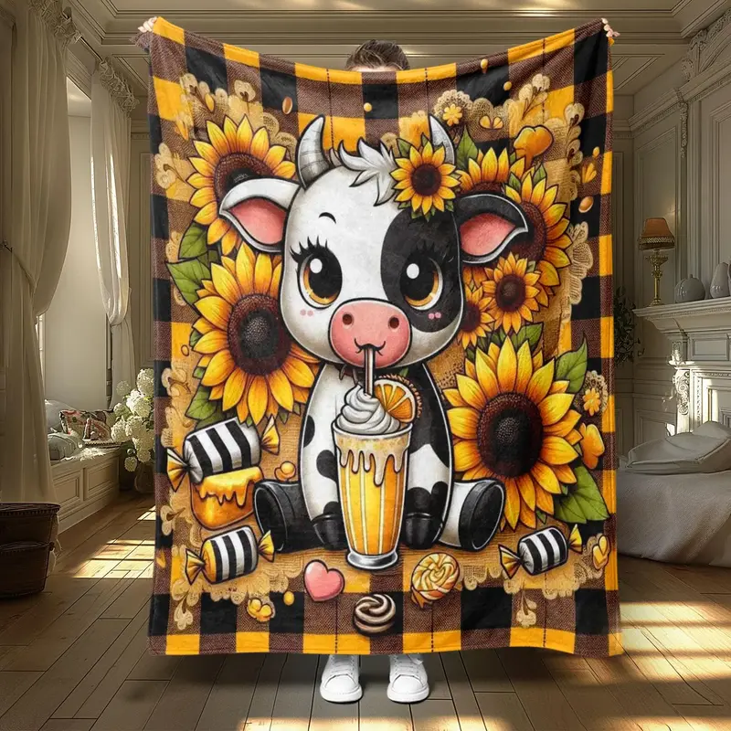 Cute Cow Sunflower Pattern Blanket, 1 Count Soft Throw Blanket, Air-conditioned Room Blanket, Warm Nap Blanket for Home Offic...