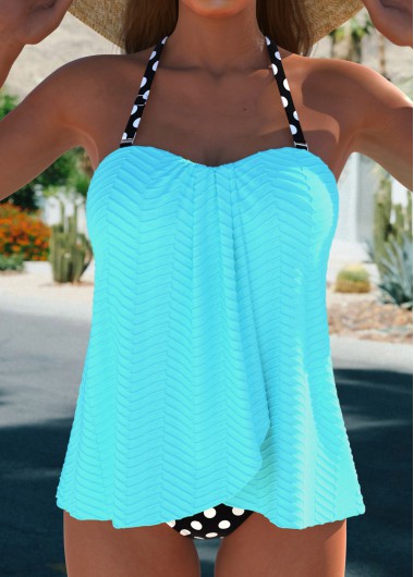 Modlily Cross Hem Polka Dot Cyan Tankini Set - S