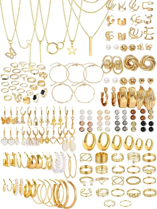 Women's Elegant Faux Pearl Decor Jewelry Set, Butterfly & Flower Design Necklace & Earrings & Rings & Bracelet, Fashion Jewel...