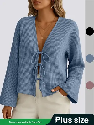 Plus Size Women's Autumn Long-sleeved Plaid Cardigan, Casual Textured Lace-up Cardigan Coat, Women's Fashion Knitwear, Womens...