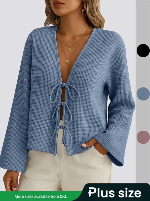 Plus Size Women's Autumn Long-sleeved Plaid Cardigan, Casual Textured Lace-up Cardigan Coat, Women's Fashion Knitwear, Womens...