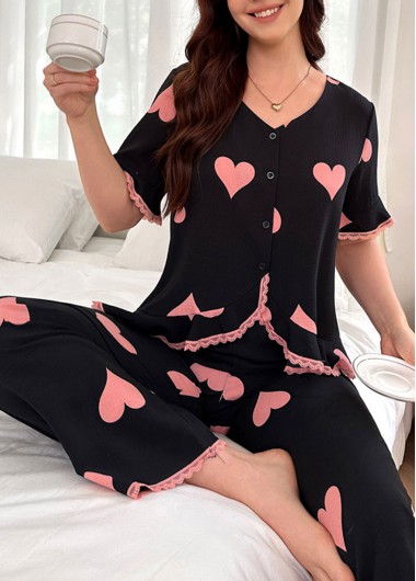 Modlily Black Heart Print Short Sleeve Lounge Top and Pants - S