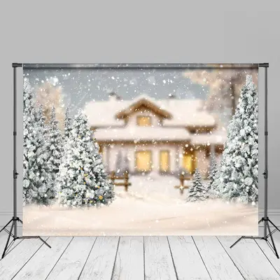Pine Trees Snowy House Bokeh Merry Christmas Backdrop - Aperturee