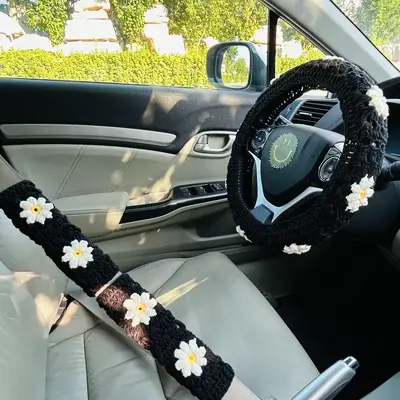 Cute Crochet Flower Car Steering Wheel Cover, Crochet Car Steering Wheel Cover with 2 Belt Covers, Fashion Car Interior Acces...