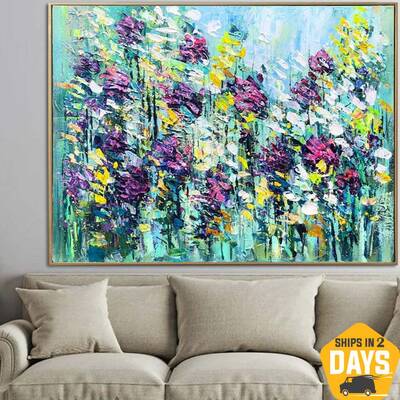 Extra Large Flowers Paintings On Canvas Purple Painting Green Modern Textured Painting Oil Painting Modern Artwork Wall Decor...