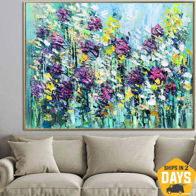 Extra Large Flowers Paintings On Canvas Purple Painting Green Modern Textured Painting Oil Painting Modern Artwork Wall Decor...