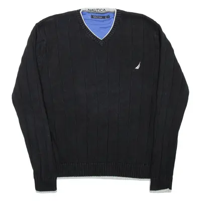NAUTICA Mens Jumper Black V-Neck Chunky Knit M