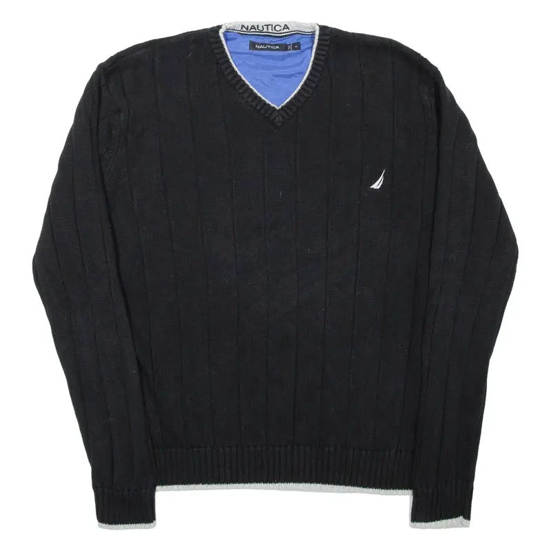 NAUTICA Mens Jumper Black V-Neck Chunky Knit M