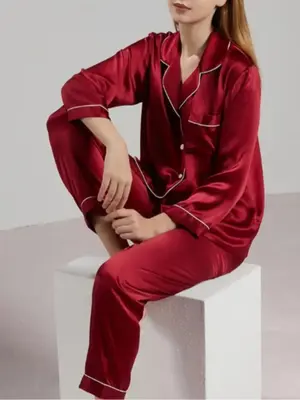 Women Basic Satin Pajamas Set, Home Pj Set, Casual Style Lapel Collar Pocket Long Sleeve Pj Top & Trousers Pajama Set, Valent...