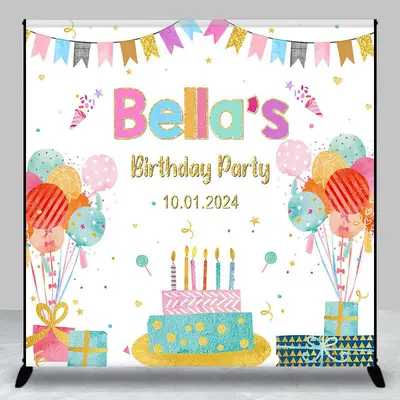 Colorful Gift Balloon Cake Custom Birthday Backdrop - Aperturee