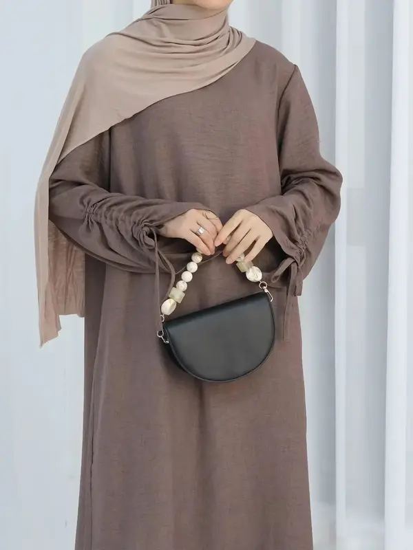 Women's Solid Color Tie Cuff Abaya, Elegant Long Sleeve Abaya for Daily Wear, Women's Islamic Clothing for Spring & Fall