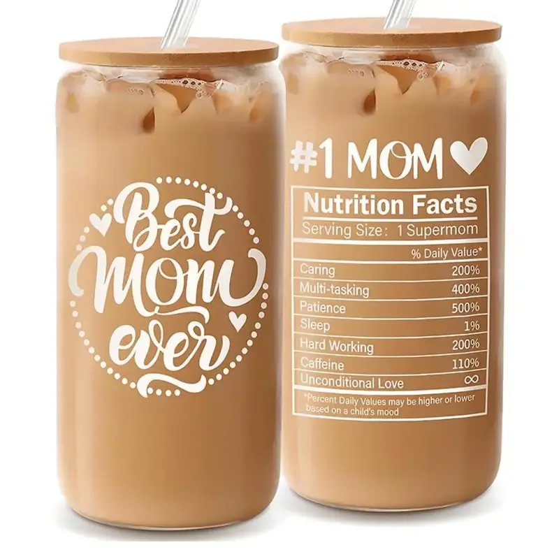 16oz Glass Cup, 1 Count Letter Pattern Summer Glass Cup with Straw & Cleaning Brush, Kitchen Gadgets, Gift Ideas for Mom, Bir...