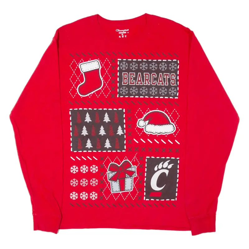 CHAMPION Cincinnati Bearcats Christmas Mens T-Shirt Red Long Sleeve USA M