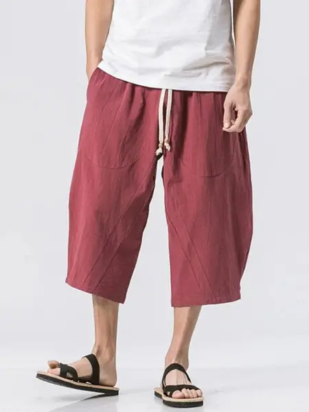 3/4 SHORTS CASUAL TROUSERS, Wine Red / XXXL