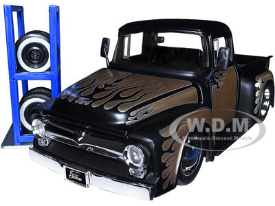 1956 Ford F-100 Pickup Truck Matt Black and Champagne with Flames with Extra Wheels \