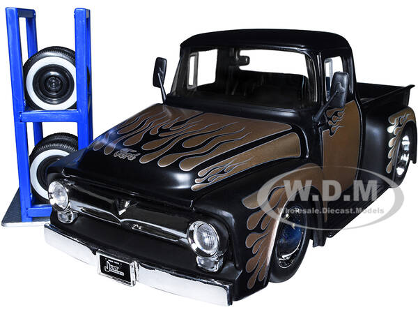 1956 Ford F-100 Pickup Truck Matt Black and Champagne with Flames with Extra Wheels \